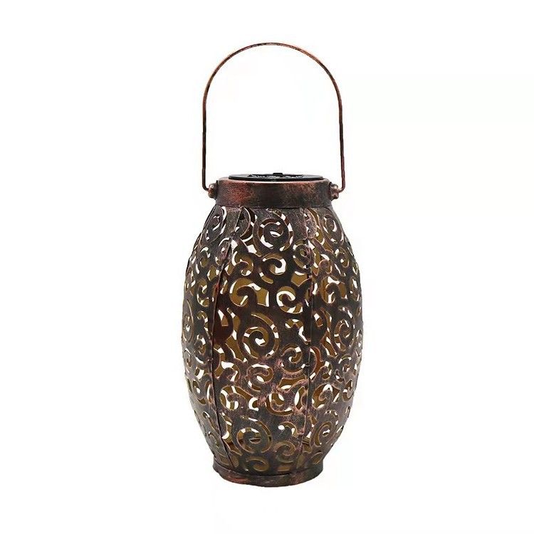 Solar Lantern Metal &Stained Glass Solar Light Waterproof Tabletop Lamp with Hollowed-Out Design for Yard Table Patio Garden