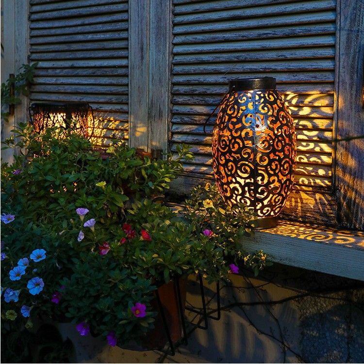 Solar Lantern Metal &Stained Glass Solar Light Waterproof Tabletop Lamp with Hollowed-Out Design for Yard Table Patio Garden