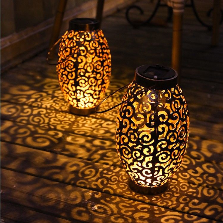 Solar Lantern Metal &Stained Glass Solar Light Waterproof Tabletop Lamp with Hollowed-Out Design for Yard Table Patio Garden