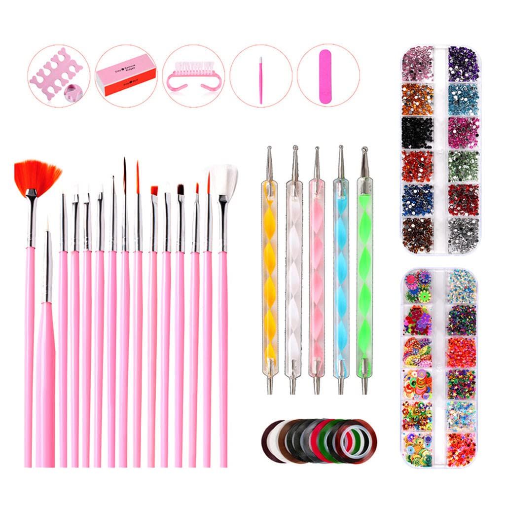 Nail Art Design Set, Professional Nail Art Tool Nail Art Brushes Dotting Pen Striping Tape Nail File Block Rhinestones Decoration