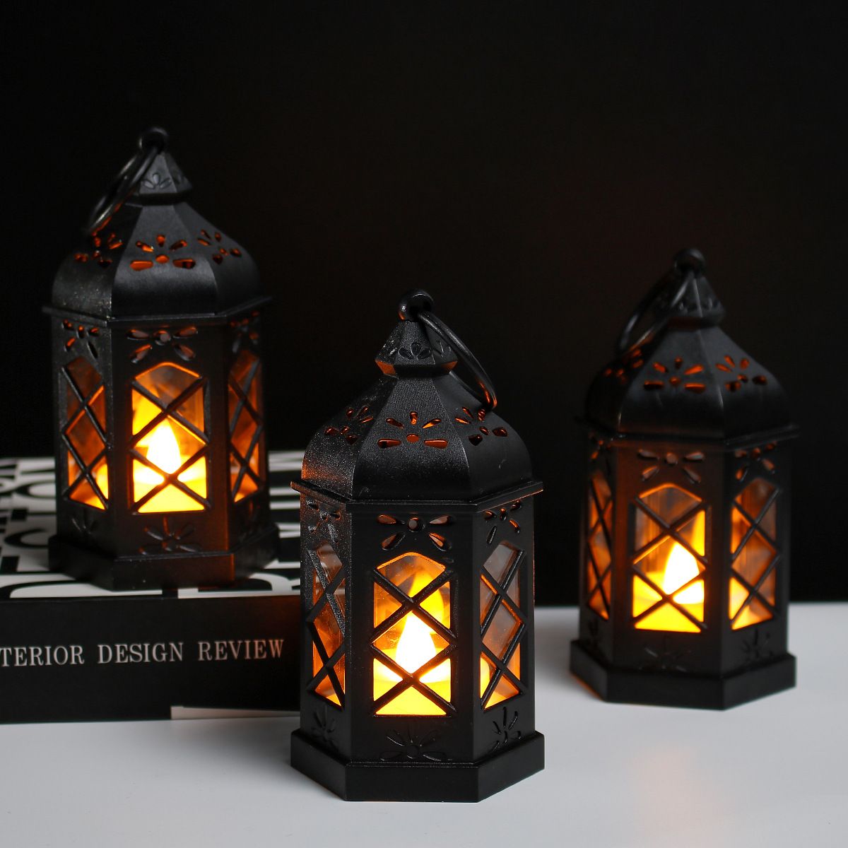 Carved Wood Lamp Handmade Traditional Window Design Art Deco Lantern Brown Asian Oriental Bedside Bedroom Accent Unusual（4pcs）