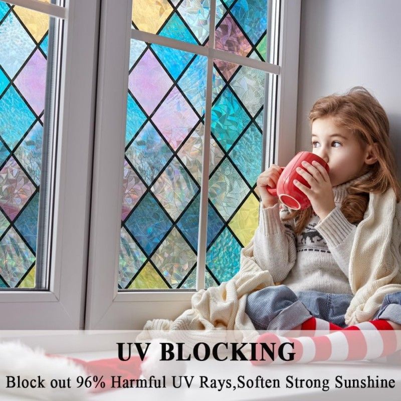 Colorful Stained Glass Window Film, Rainbow Door Privacy Films Static Cling Window Tint Decorative Window Decal Anti UV for Home