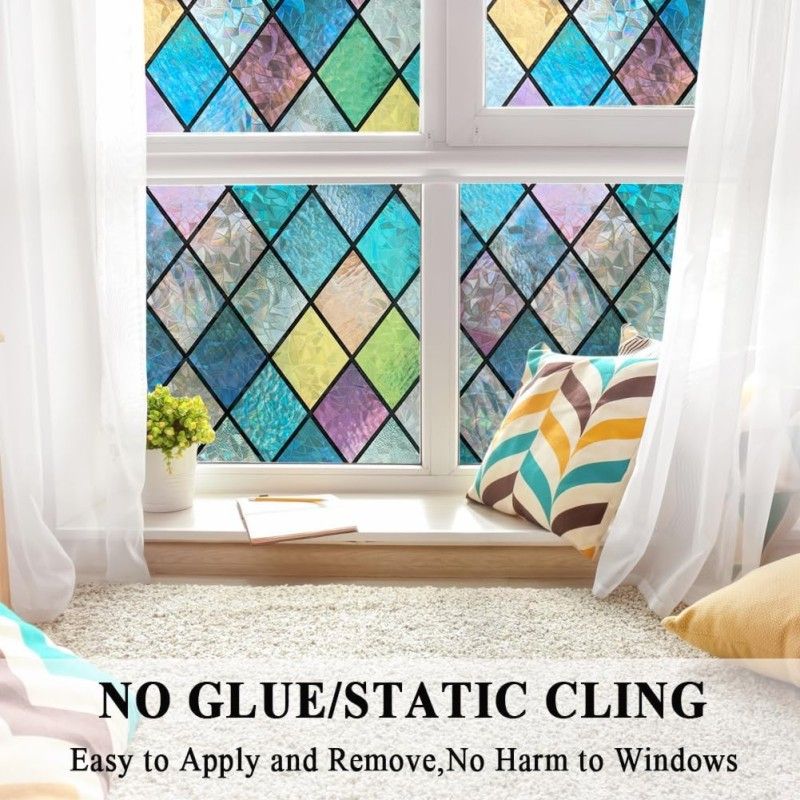 Colorful Stained Glass Window Film, Rainbow Door Privacy Films Static Cling Window Tint Decorative Window Decal Anti UV for Home
