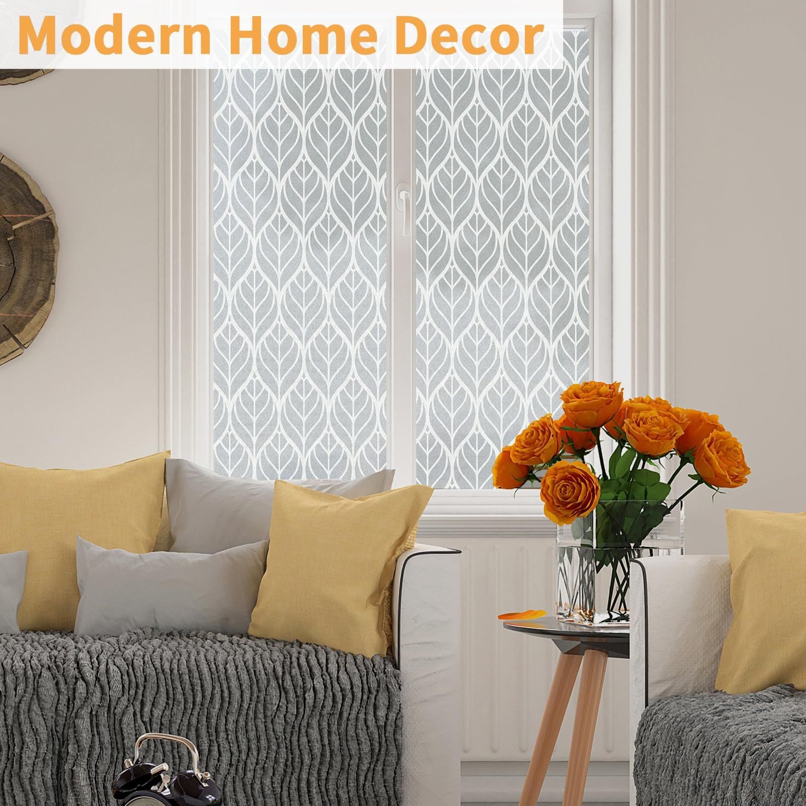 Window Privacy Film Frosted Window Sticker Static Cling Window Film Leaf Pattern Glass Film, No Adhesive Removable Privacy Window