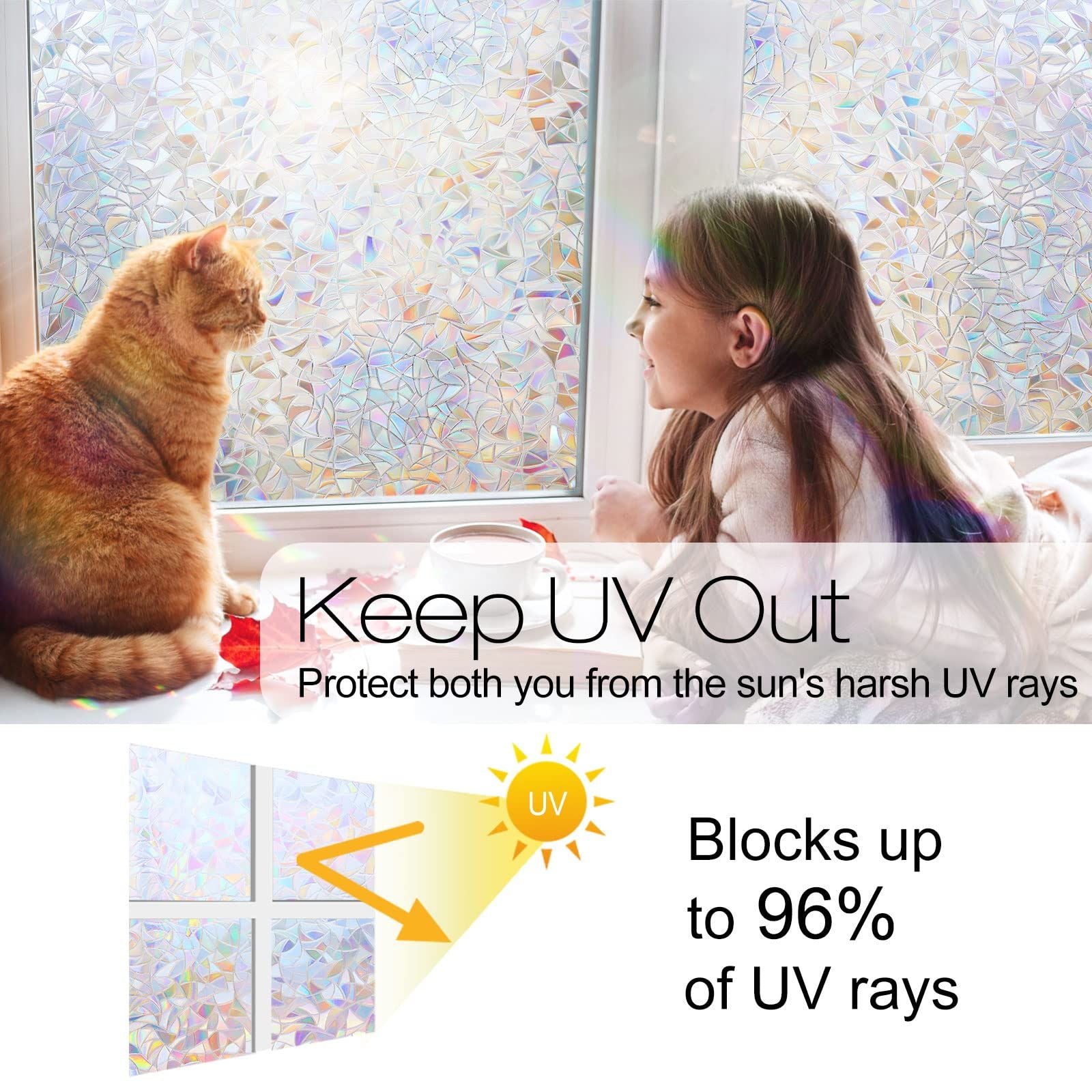 Volcanics Window Privacy Film Static Clings Vinyl 3D Decals, Stickers Rainbow Film for Glass Door Heat Control Anti UV