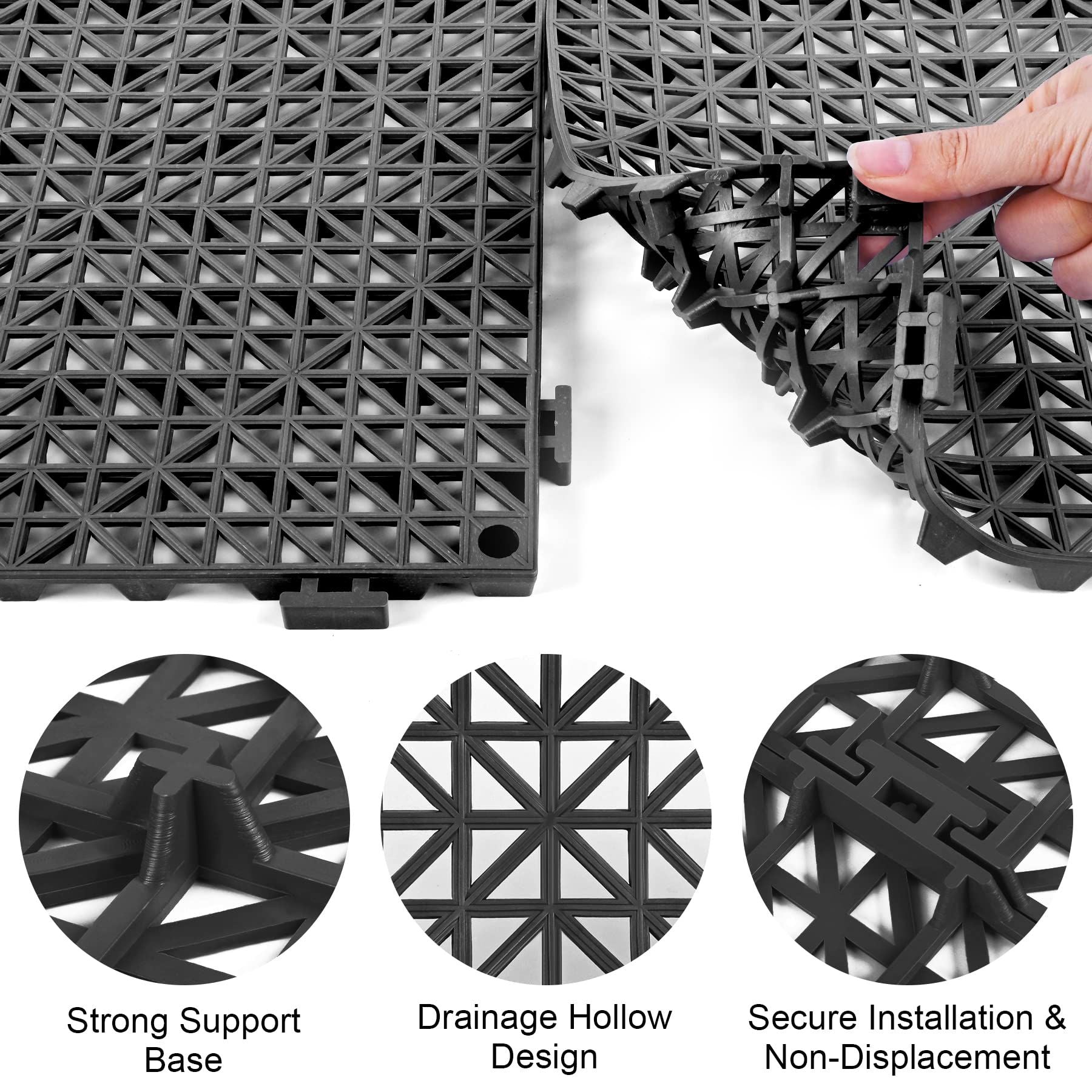 Modular Interlocking Cushion 6 Pack 11.8" x 11.8" Rubber Floor Tiles Non-Slip Splicing Drainage Mats for Outdoor Shower, (Black)