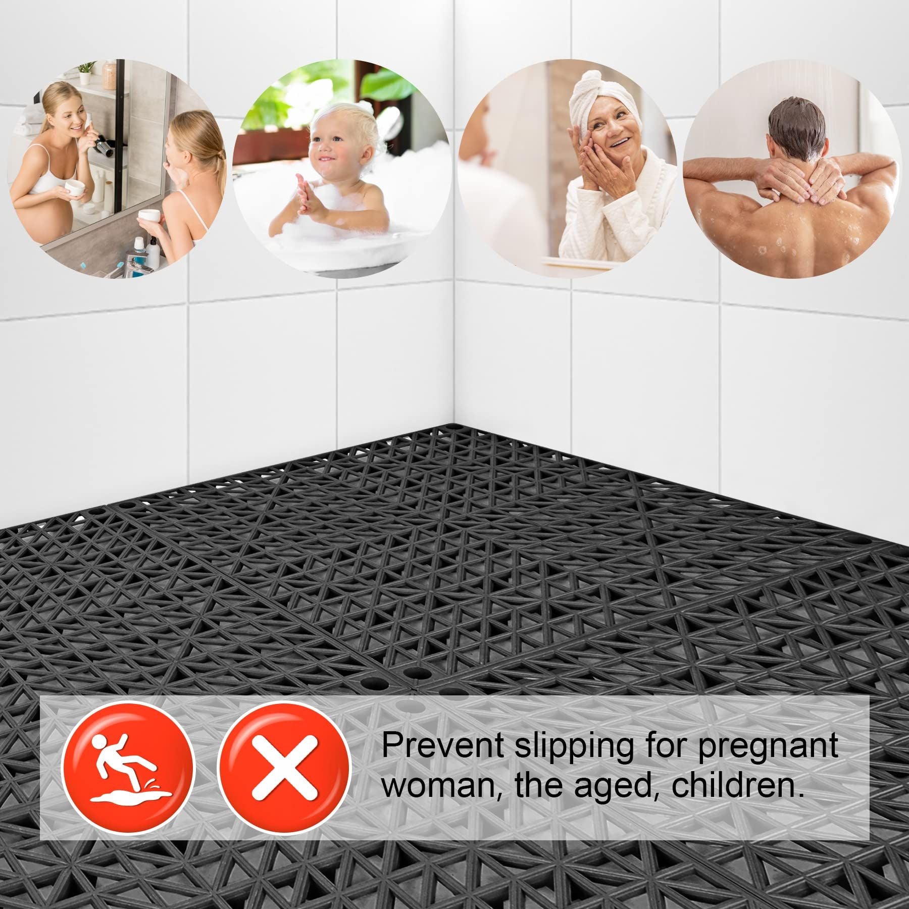 Modular Interlocking Cushion 6 Pack 11.8" x 11.8" Rubber Floor Tiles Non-Slip Splicing Drainage Mats for Outdoor Shower, (Black)