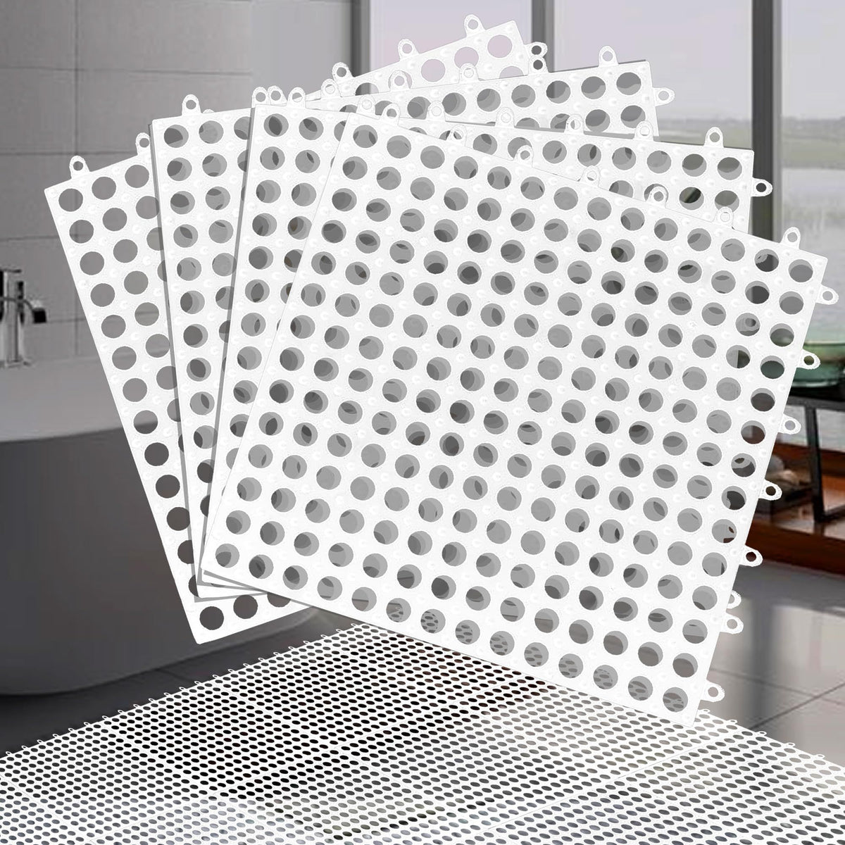 6 Pack Rubber Floor Tiles Non-Slip Pool Mat Splicing Shower Mat Outdoor Cushion Mat for Bathroom, Deck, Drain, Pool, Patio, White