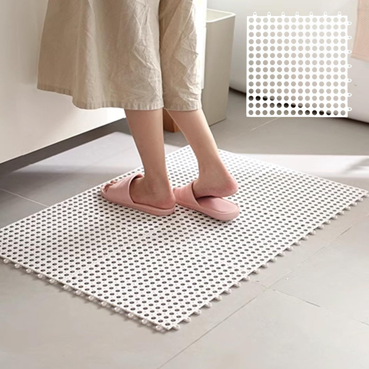 6 Pack Rubber Floor Tiles Non-Slip Pool Mat Splicing Shower Mat Outdoor Cushion Mat for Bathroom, Deck, Drain, Pool, Patio, White