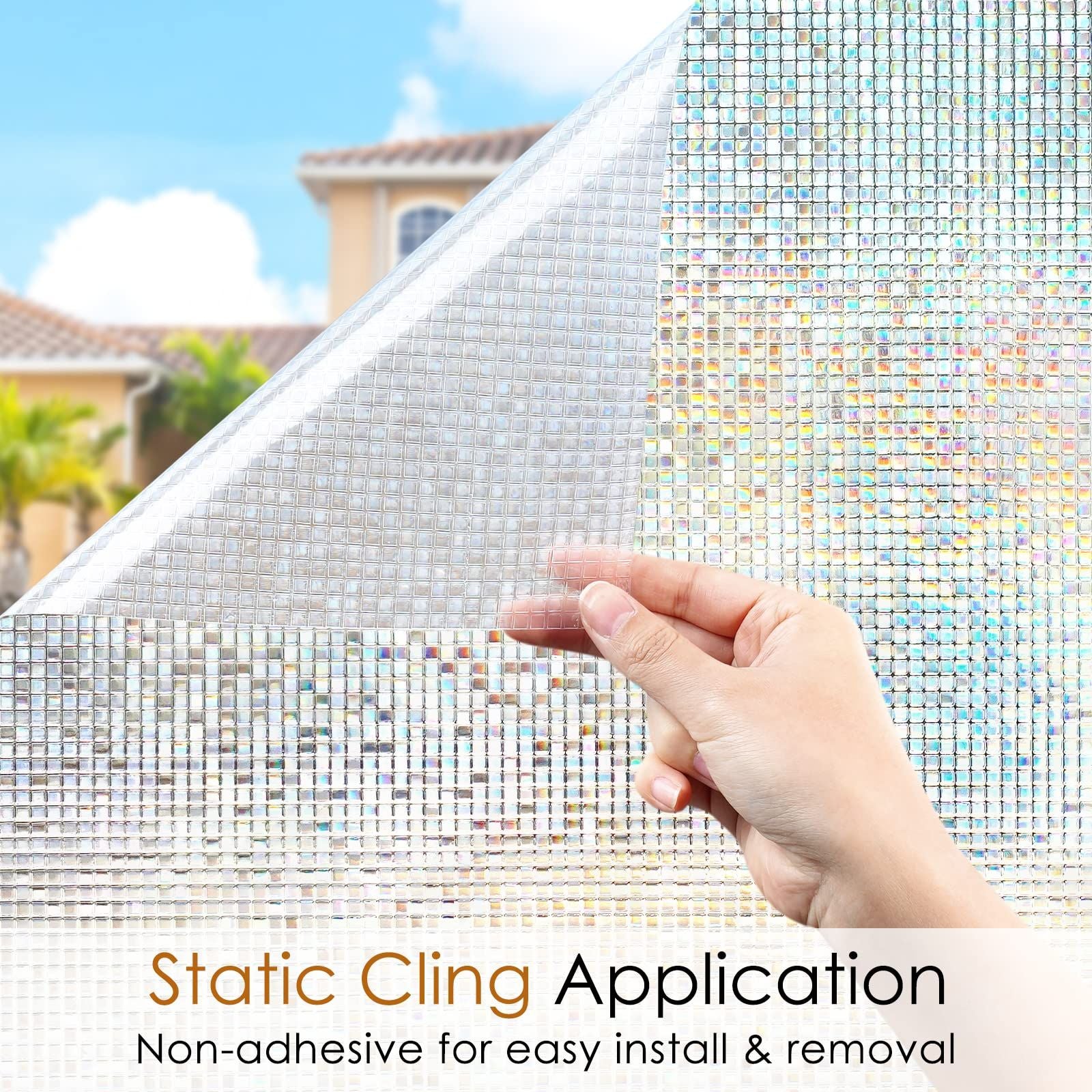 Window Privacy Film Stained Glass Window Film Mosaic Static Cling Decorative Window Vinyl, Removable Rainbow Window Tint
