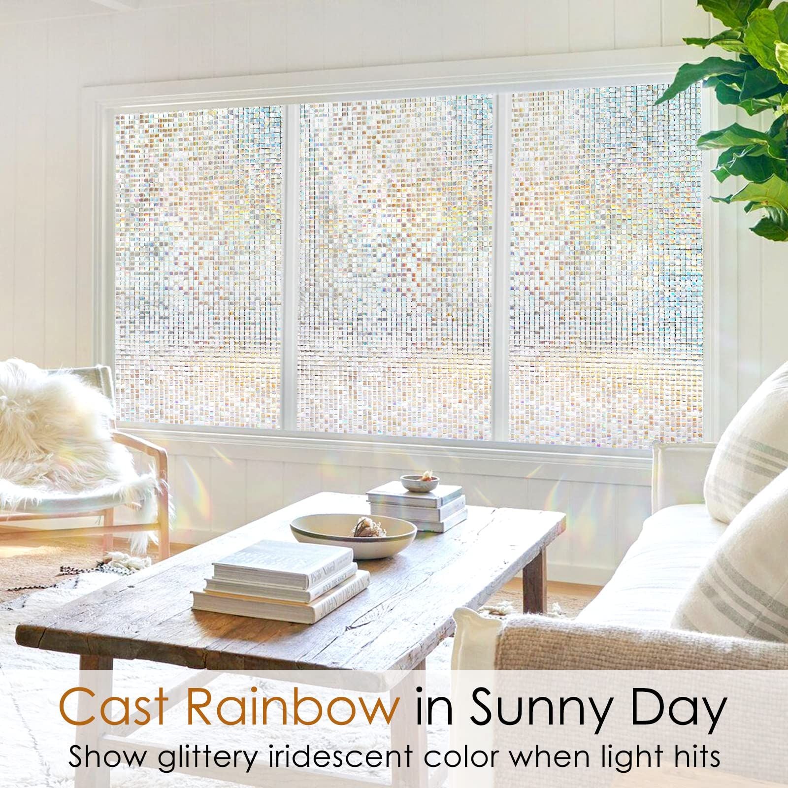 Window Privacy Film Stained Glass Window Film Mosaic Static Cling Decorative Window Vinyl, Removable Rainbow Window Tint