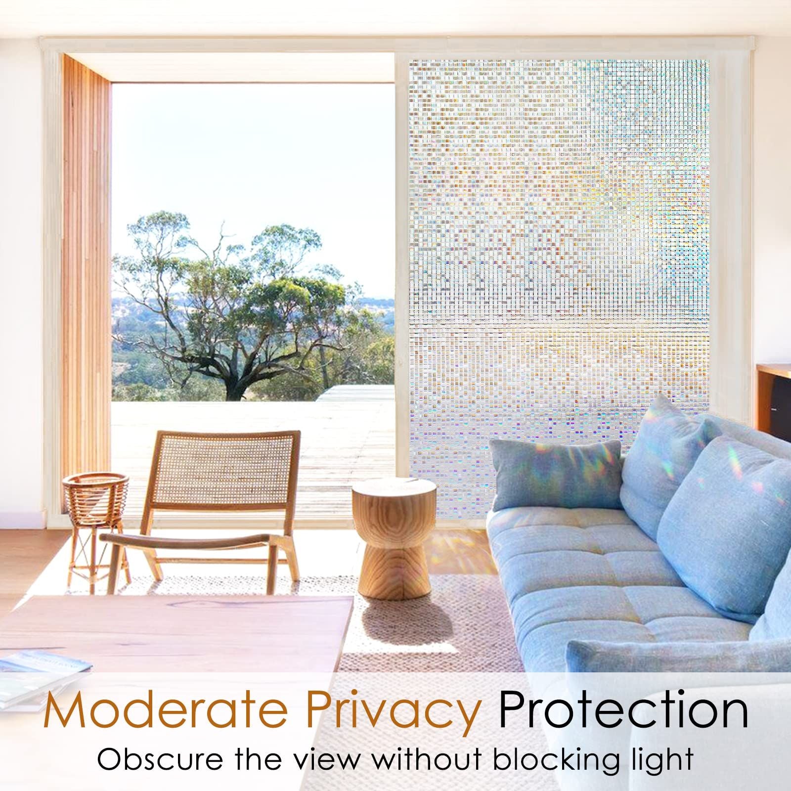 Window Privacy Film Stained Glass Window Film Mosaic Static Cling Decorative Window Vinyl, Removable Rainbow Window Tint