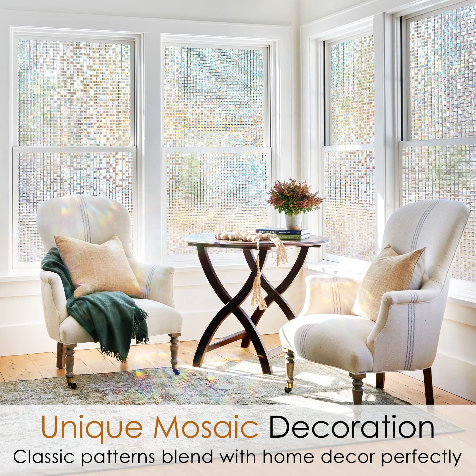 Window Privacy Film Stained Glass Window Film Mosaic Static Cling Decorative Window Vinyl, Removable Rainbow Window Tint
