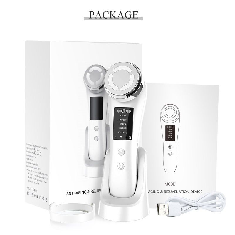 Facial Massage Cleaning Household Color Light Beauty Instrument Micro-Current, Power Supply USB Charging, Five Modes White English