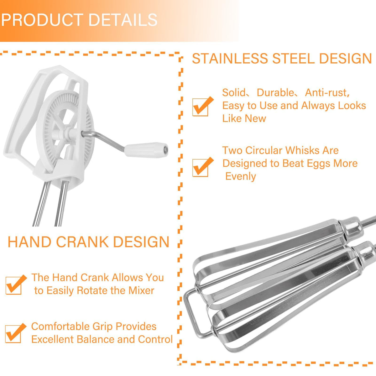 Kitchen Egg Beater, Egg Whisk Stainless Steel Rotary Manual Egg Beater Hand Beater for Mixing Whipping Beating