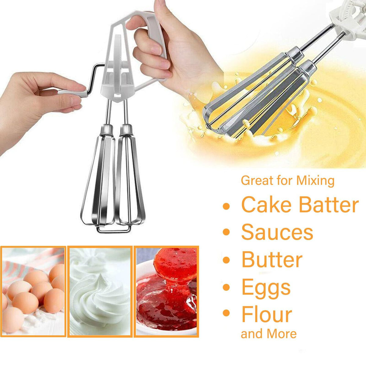 Kitchen Egg Beater, Egg Whisk Stainless Steel Rotary Manual Egg Beater Hand Beater for Mixing Whipping Beating
