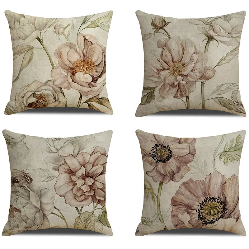 Set of 4 Waterproof Throw Pillow Covers 18x18 Inches, Vintage Flowers Pattern Decorative Cushion Covers