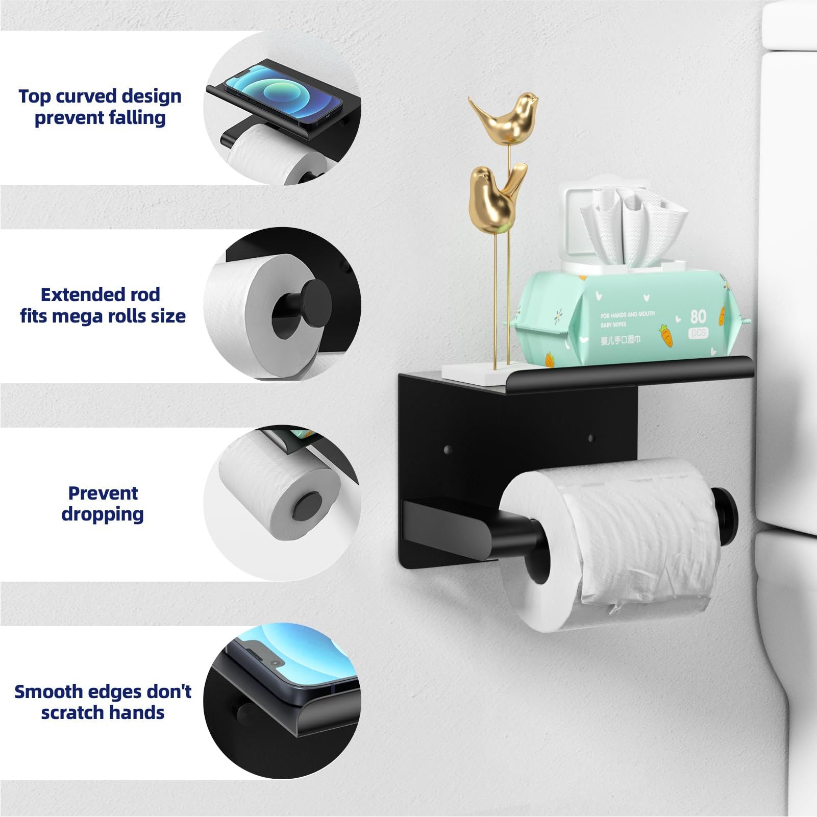 Toilet Paper Holder Wall Mount, Fits Mega Rolls Size Matte Black Toilet Paper Holder with Shelf, Rustproof Stainless Steel
