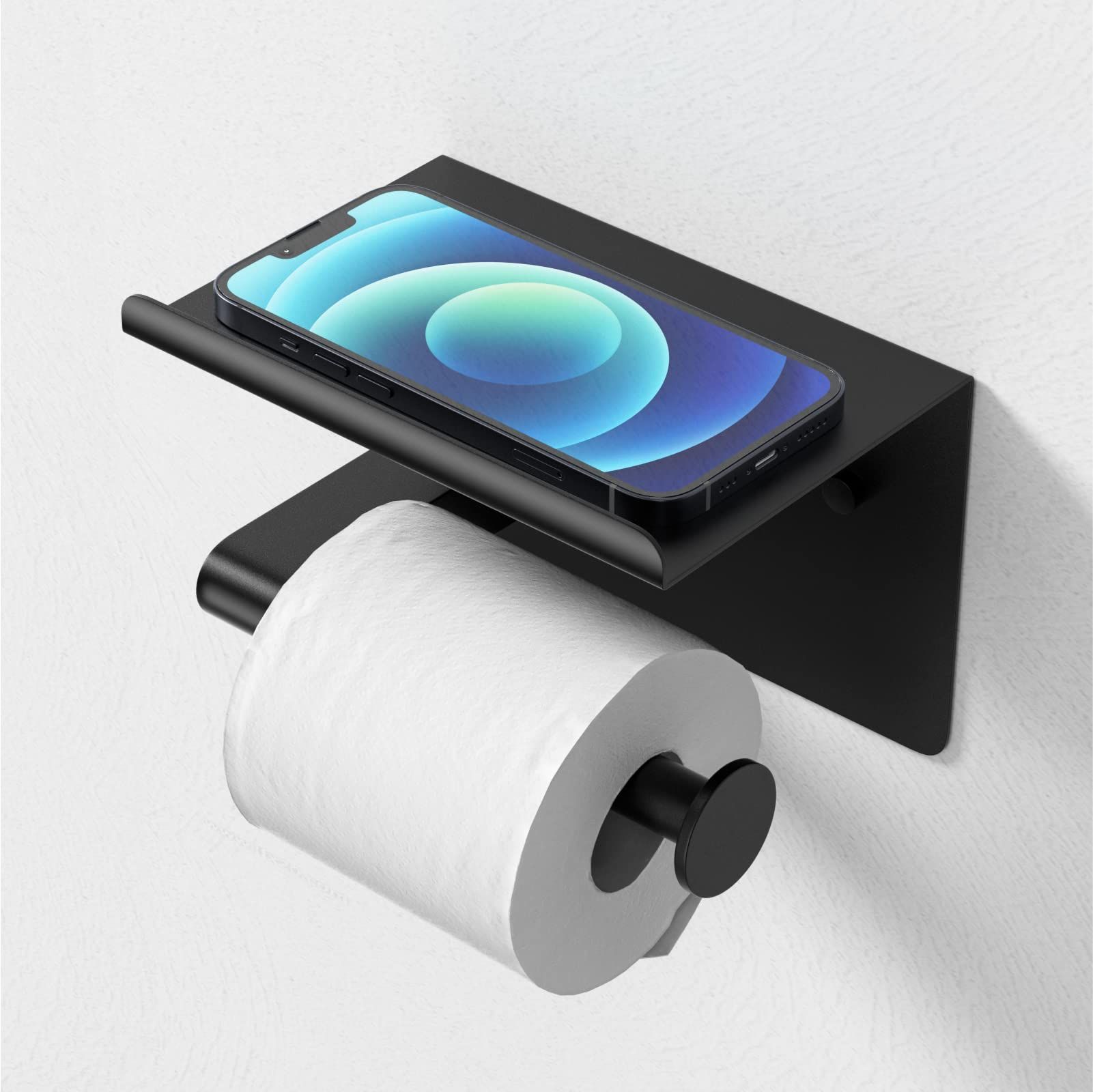 Toilet Paper Holder Wall Mount, Fits Mega Rolls Size Matte Black Toilet Paper Holder with Shelf, Rustproof Stainless Steel