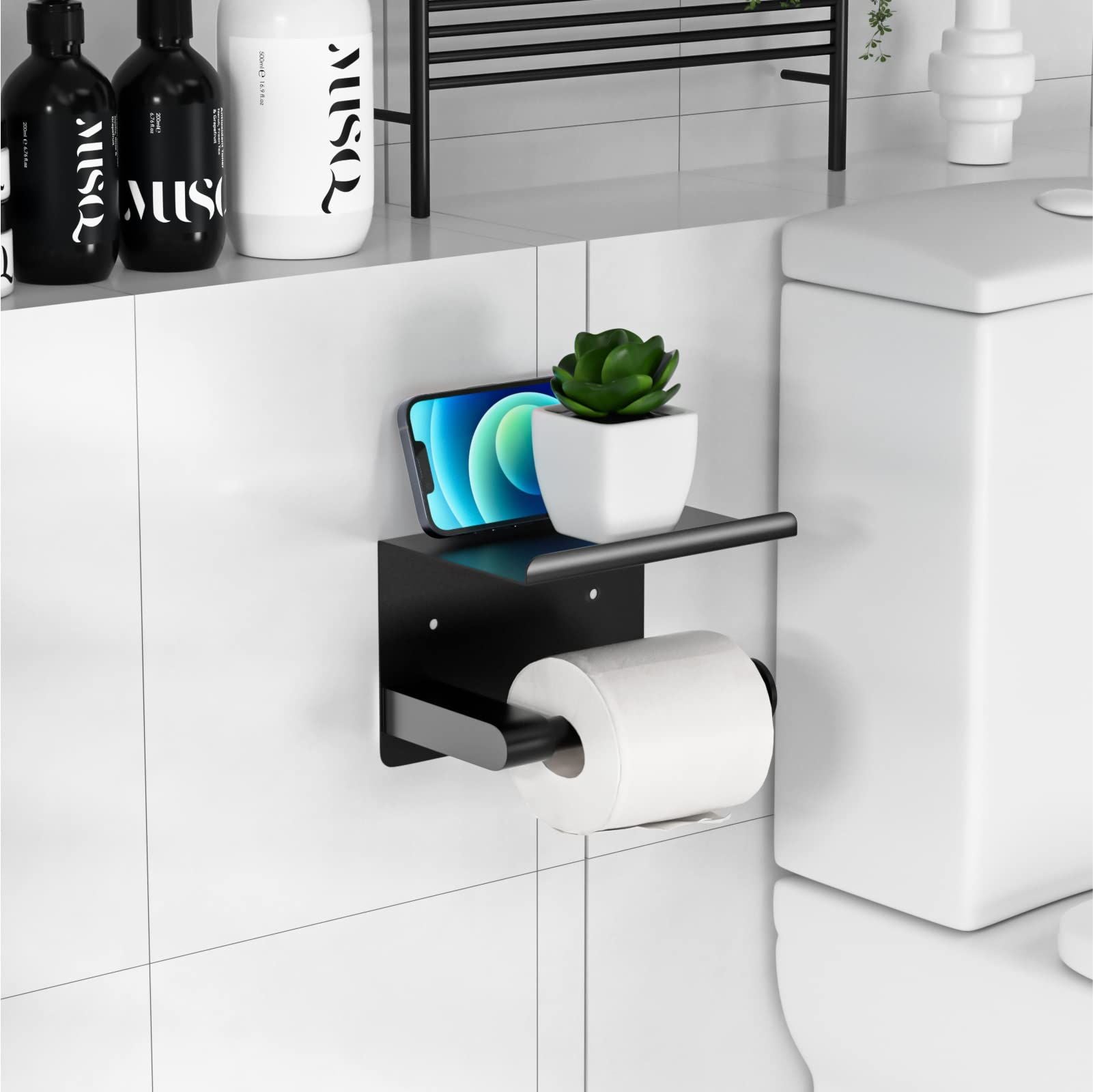 Toilet Paper Holder Wall Mount, Fits Mega Rolls Size Matte Black Toilet Paper Holder with Shelf, Rustproof Stainless Steel