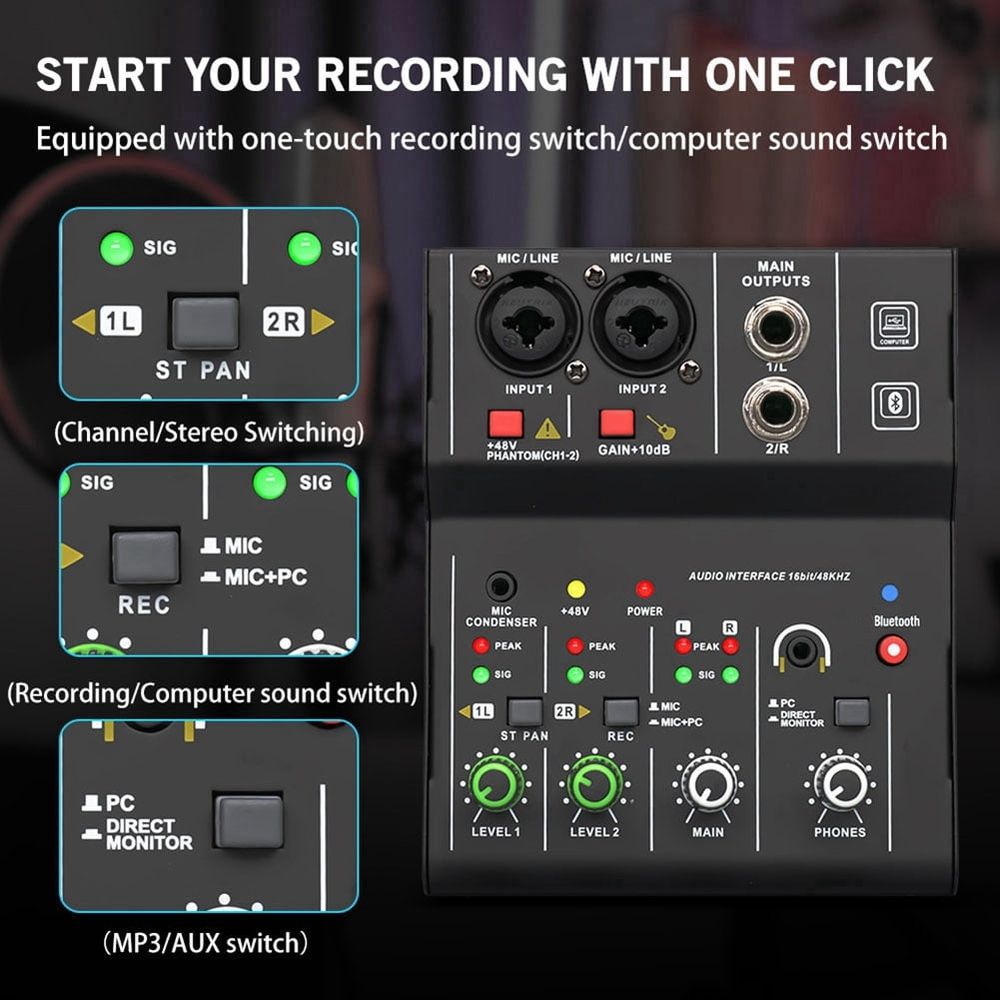 2 Channels Mini USB Mixer Professional Portable Audio Interface Sound Card Console for Guitar Recording Studio Singing