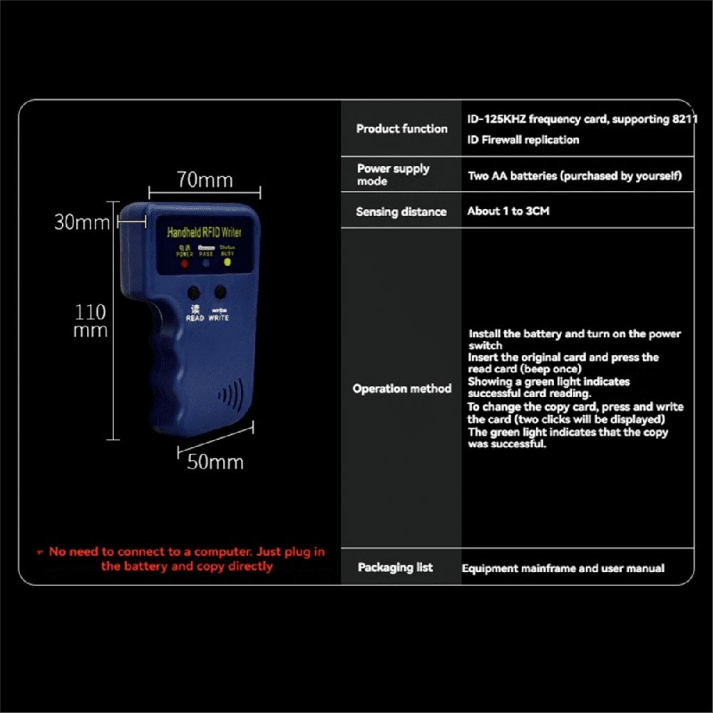 Handheld 125KHz RFID Card Reader Writer + 5 Keyfobs Copier Writer Duplicator Programmer ID Card Copy EM4305 T5577