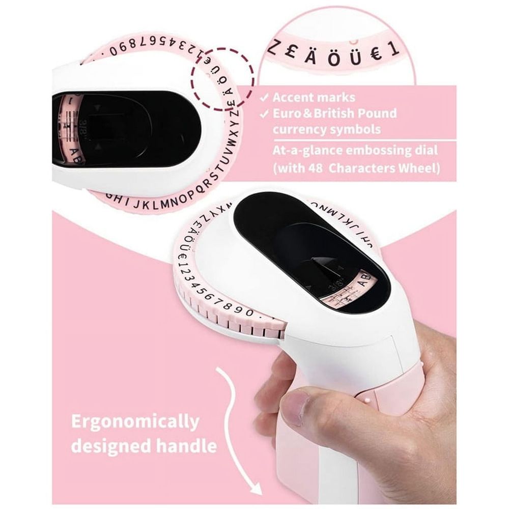Embossing Label Maker E975 3D Embossing Label Printer Machine with 6 Rolls Emboss Tapes, Handheld Embosser, Pink