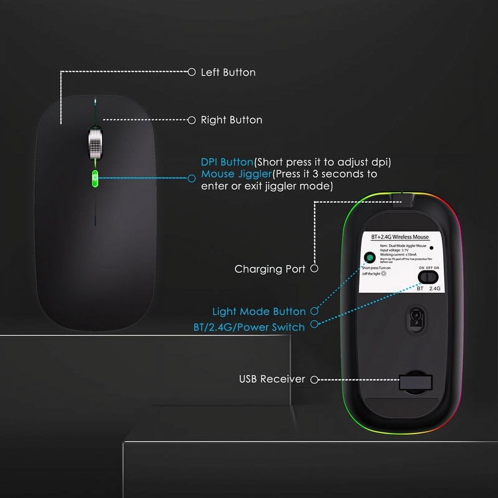 Jiggler Anti-Hibernate Optical Wireless Mouse, Matte Black