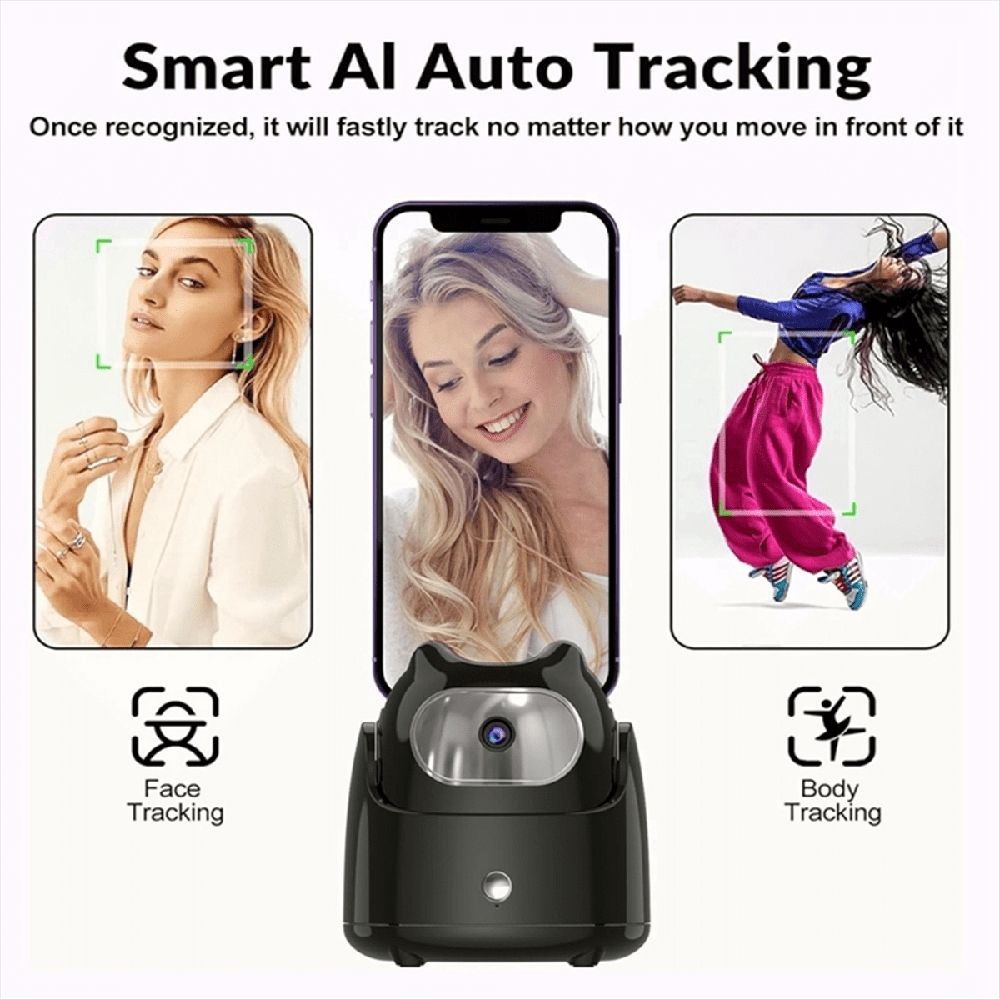 Automatic Face Tracking Gimbal Mobile Phone Holder 360° Rotation AI Face Recognition Phone Tripod for Vlog Video Black