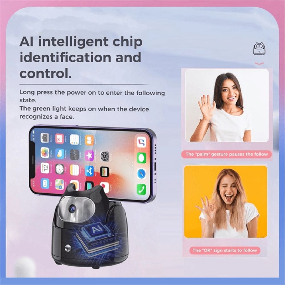 Automatic Face Tracking Gimbal Mobile Phone Holder 360° Rotation AI Face Recognition Phone Tripod for Vlog Video Black