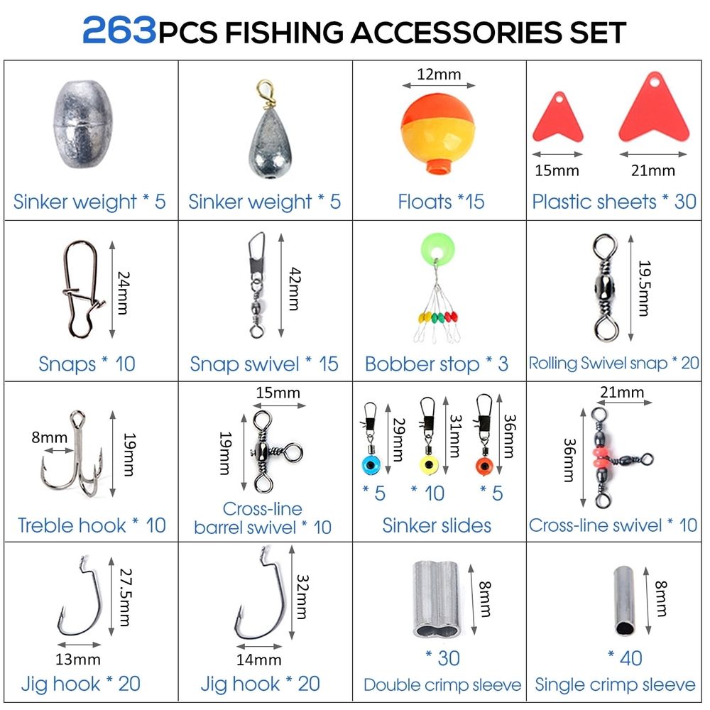 263pcs Fishing Accessories Kit,Included Plier,Hooks,Weights & Other Accessories,Fishing Bait Lure Gear Kit Gift for Men Bass Freshwater