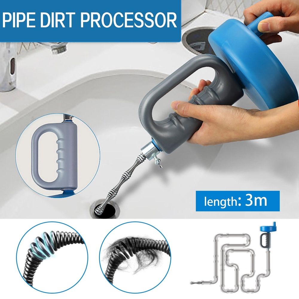 Heavy Duty 3M Pipe Snake Drain Cleaner | Flexible Steel Cable Sink Hair Remover for Bathtub, Shower & Kitchen | 4-Size Spring Steel Nozzles | Ergonomic Pistol Grip | Unclogs Toilets & Sewers