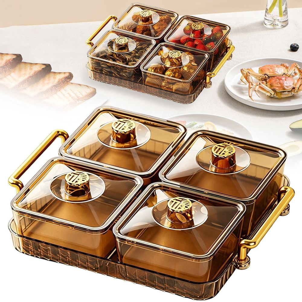 Grey 25.5x20cm Divided Snack Tray with Lid & 4 Removable Bowls, Perfect Serving Platter for Parties & Gatherings