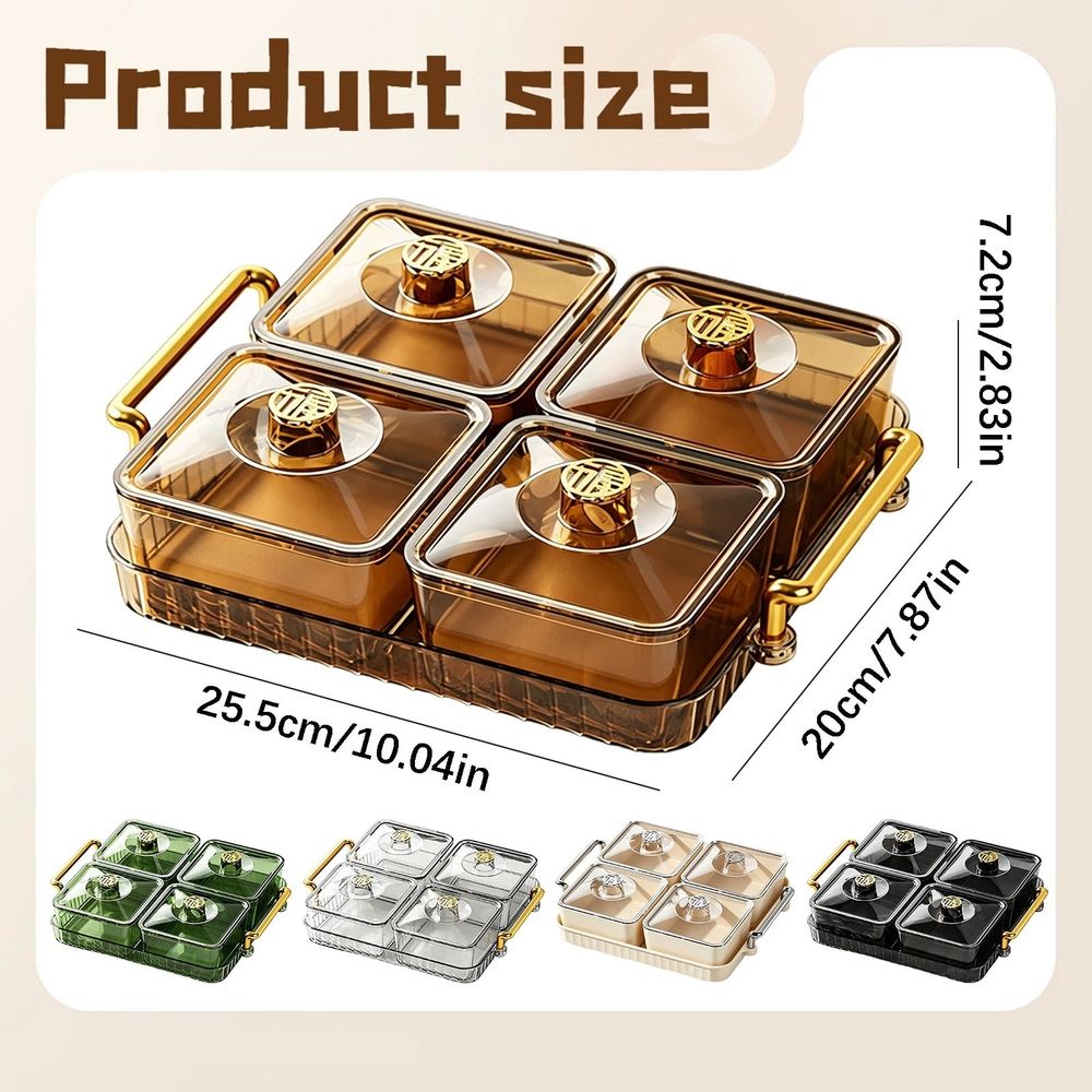 Grey 25.5x20cm Divided Snack Tray with Lid & 4 Removable Bowls, Perfect Serving Platter for Parties & Gatherings
