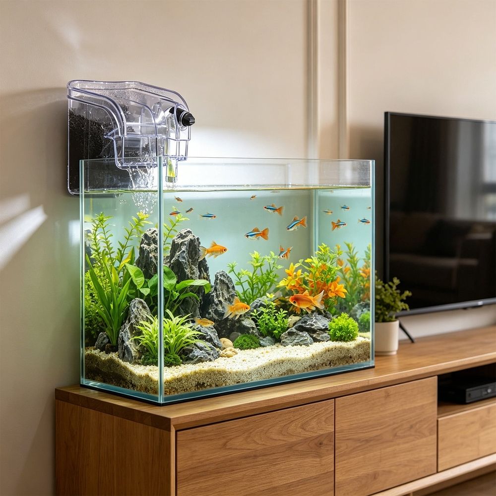 Hang On Back Aquarium Filter, 2-in-1 Silent Bio Filtration and Oxygenation Pump, Low Noise Power Filter for Small to Medium Fish Tanks, Submersible Water Circulation System