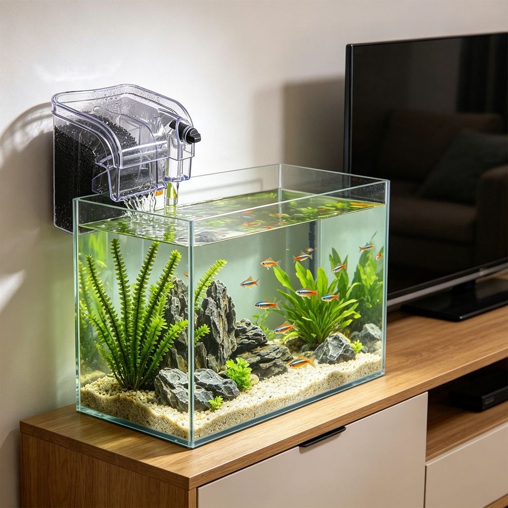 Hang On Back Aquarium Filter, 2-in-1 Silent Bio Filtration and Oxygenation Pump, Low Noise Power Filter for Small to Medium Fish Tanks, Submersible Water Circulation System