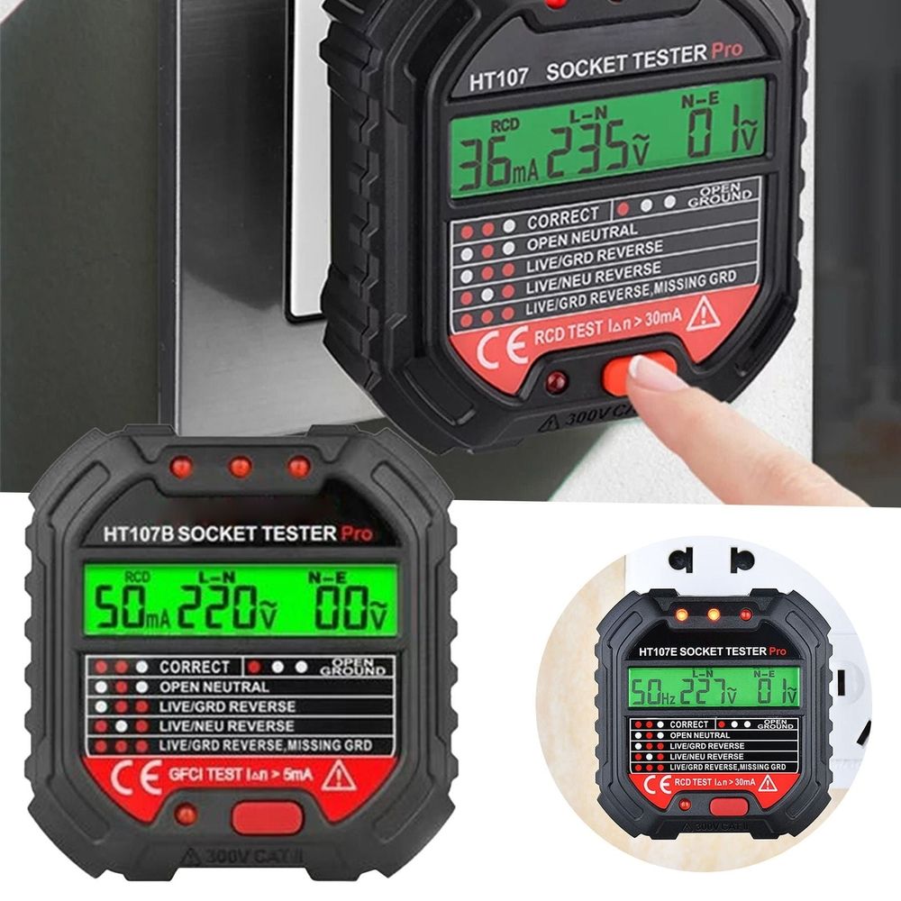 Electric Socket Tester, RCD and GFCI Receptacle Detector, Circuit Polarity and Voltage Detector for Outlet Testing, Electrical Ground Fault Receptacle Tester