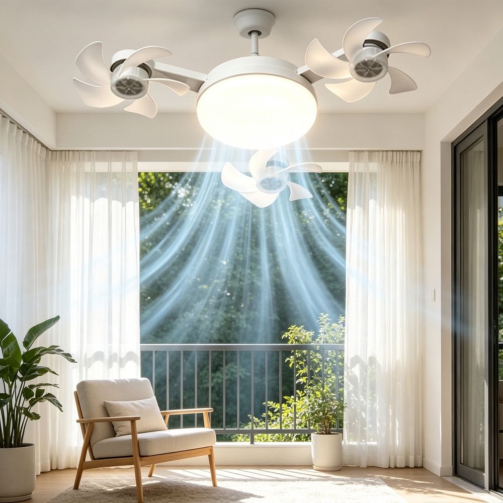3-Head Drone Ceiling Fan Light, E27 Socket LED Chandelier, Smart Remote Control Air Circulator with 3-Color Dimmable Lighting for Bedroom