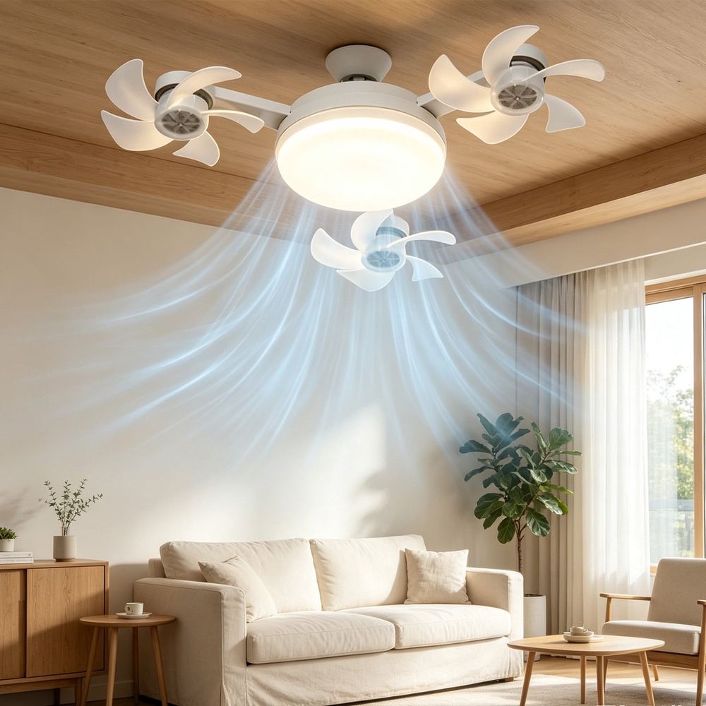 3-Head Drone Ceiling Fan Light, E27 Socket LED Chandelier, Smart Remote Control Air Circulator with 3-Color Dimmable Lighting for Bedroom