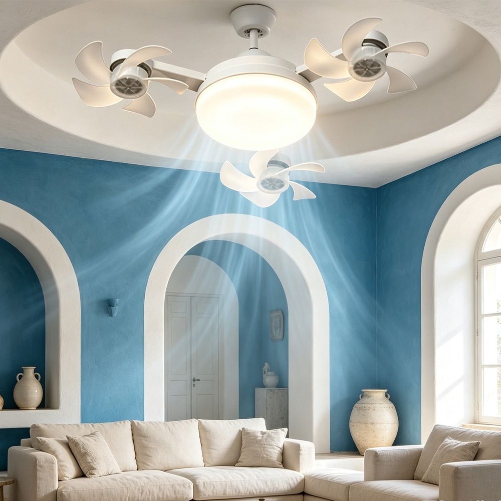 3-Head Drone Ceiling Fan Light, E27 Socket LED Chandelier, Smart Remote Control Air Circulator with 3-Color Dimmable Lighting for Bedroom