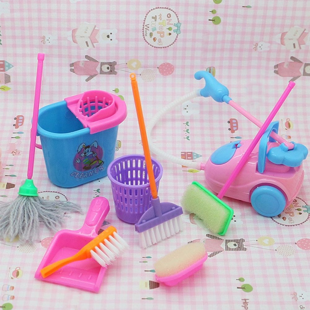 9 Pieces Miniature Dollhouse Cleaning Supplies, Mini Mop, Dustpan, Brush, Broom and Bucket Housework Tools, Doll House Accessories Pretend Play Decoration
