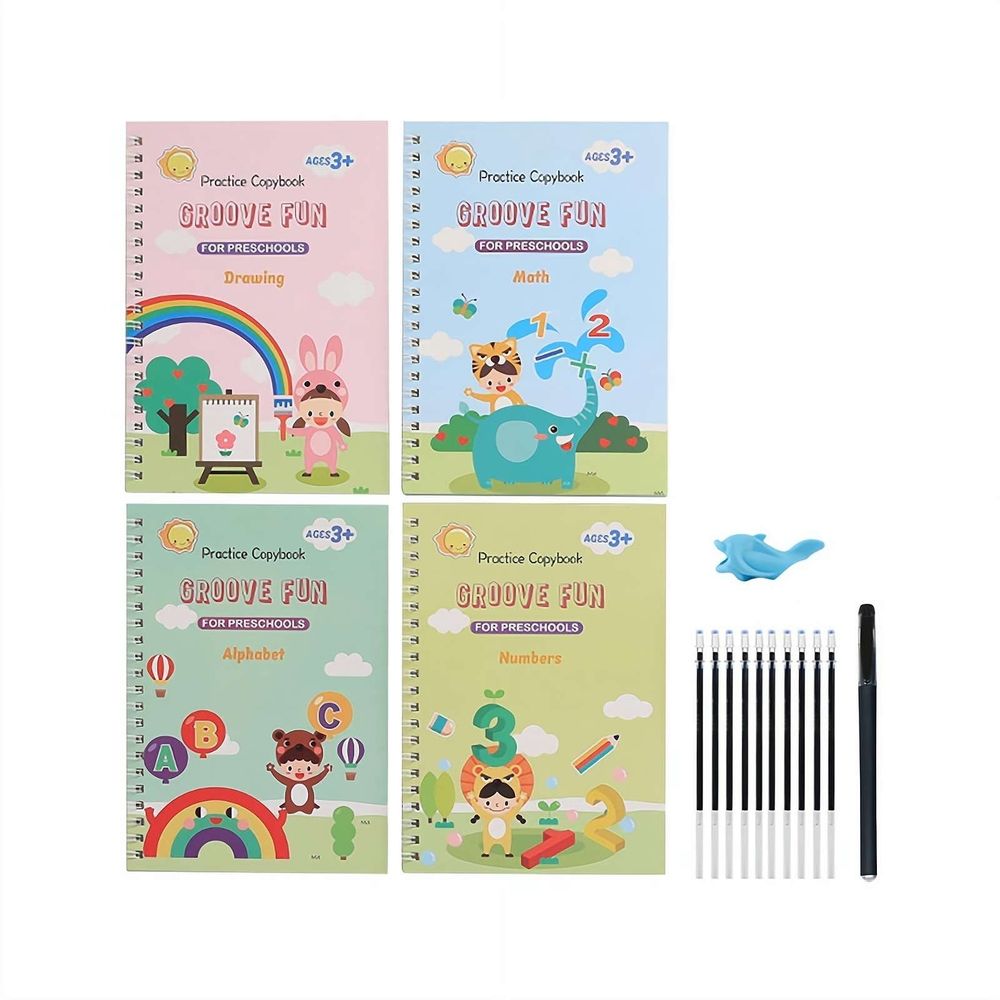 Magic Grooved Practice Copybook 5 Pack with Pens,Reusable Grooved Handwriting Workbooks,Learn to Write Letters Numbers, Math,Tracing for Age 3-8