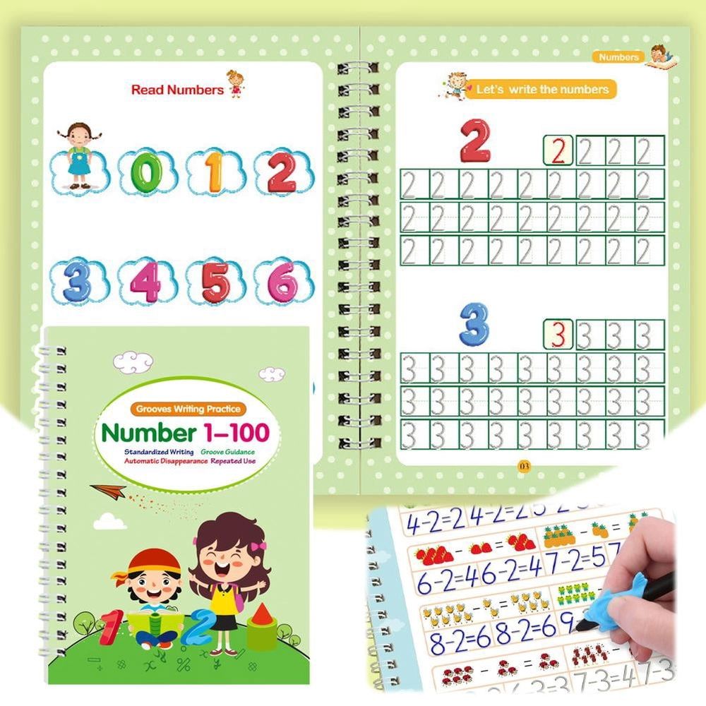 Magic Grooved Practice Copybook 5 Pack with Pens,Reusable Grooved Handwriting Workbooks,Learn to Write Letters Numbers, Math,Tracing for Age 3-8