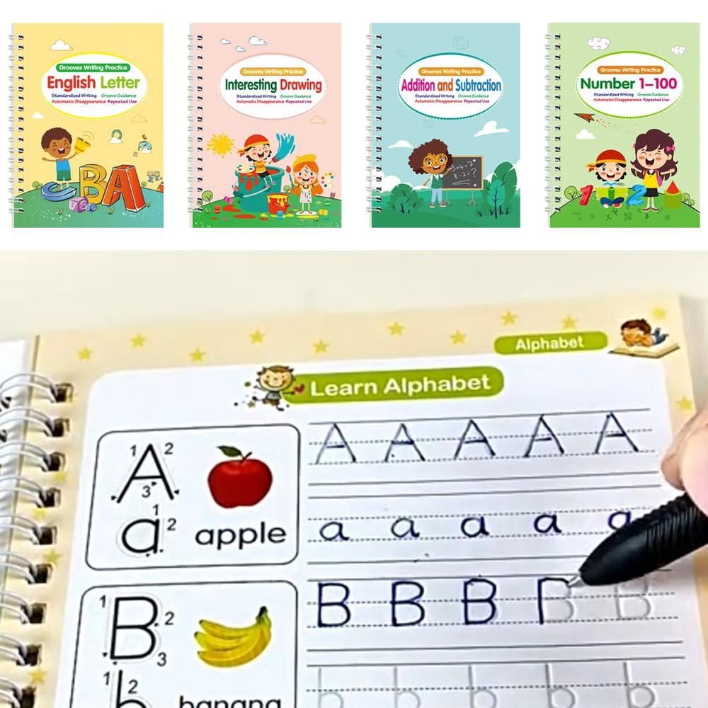 Magic Grooved Practice Copybook 5 Pack with Pens,Reusable Grooved Handwriting Workbooks,Learn to Write Letters Numbers, Math,Tracing for Age 3-8