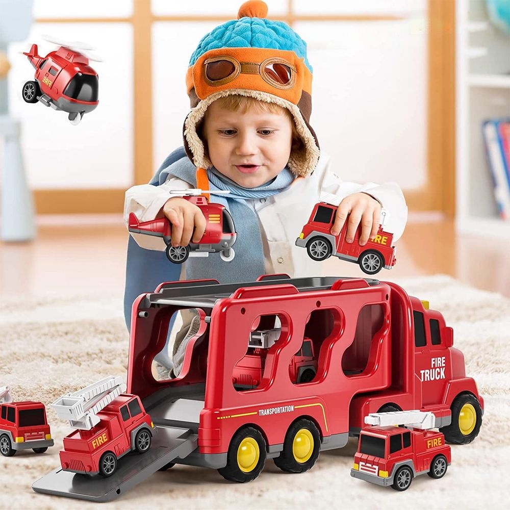 Fire Truck Toys for 1-6 Years Old Boys Toddlers, 5 in 1 Carrier Trucks Cars Toys for Toddler Boy Girl Birthday, Cars Friction Power Toys with Light Sound