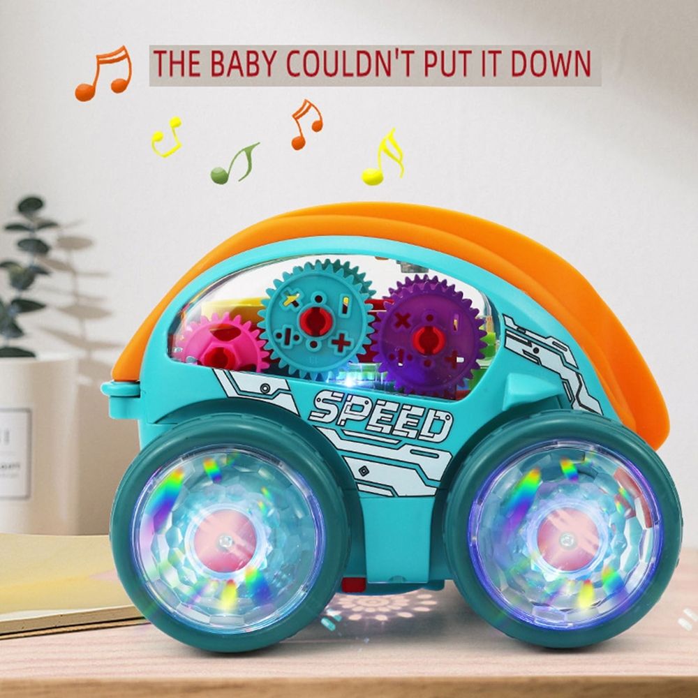 Dynamic Gear-Powered Car with Led Lights, Kids Transparent Luminous Toy Car, Bump and Go Toy Cars with Colorful Moving Gears, Suitable for Kids Aged 1-3 Years