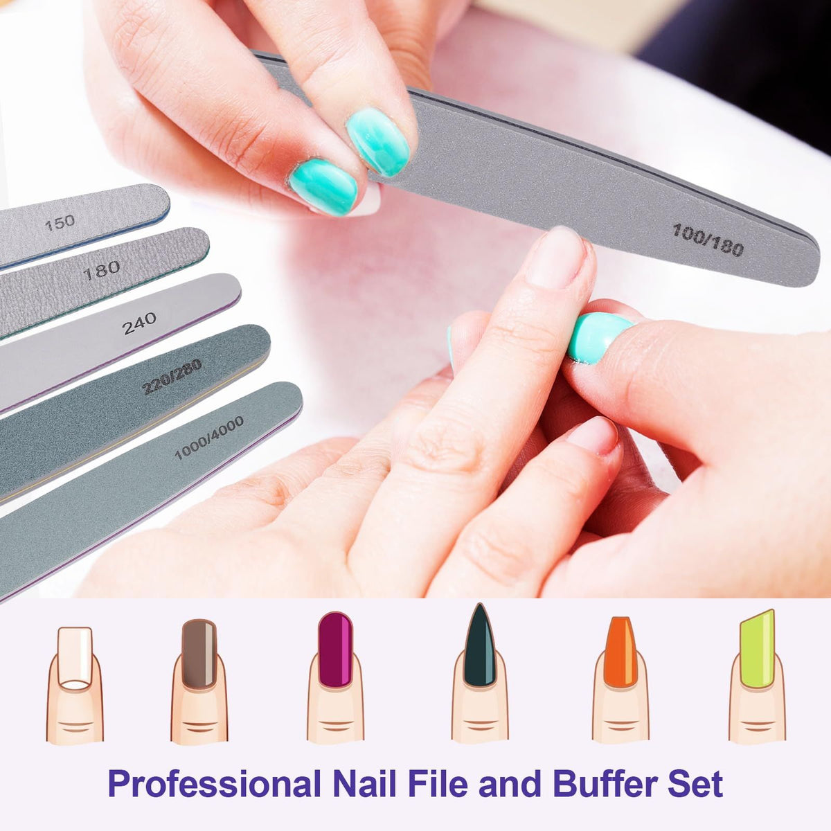 Nail File and Buffer Set, 6 Pcs Professional Nail File Kit for Acrylic and Natural Nails, Grit Soft Nail Filer Gel Nail Files