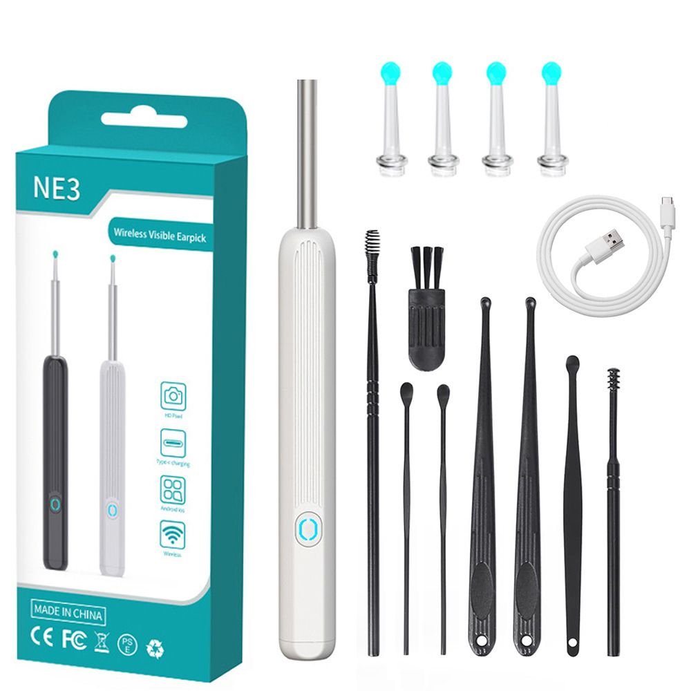 White Ear Cleaner High Precision Ear Wax Removal Tool with Camera LED Light Wireless Otoscope Smart Ear Cleaning Kit(8-piece Set)