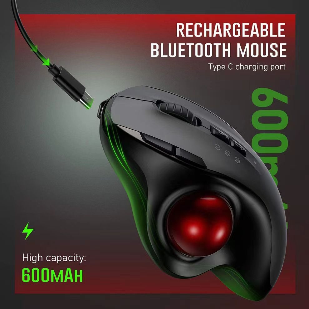 2.4G wireless Bluetooth dual-mode, Black red ergonomic trackball mouse, optical roller ball mouse, programmable mute button