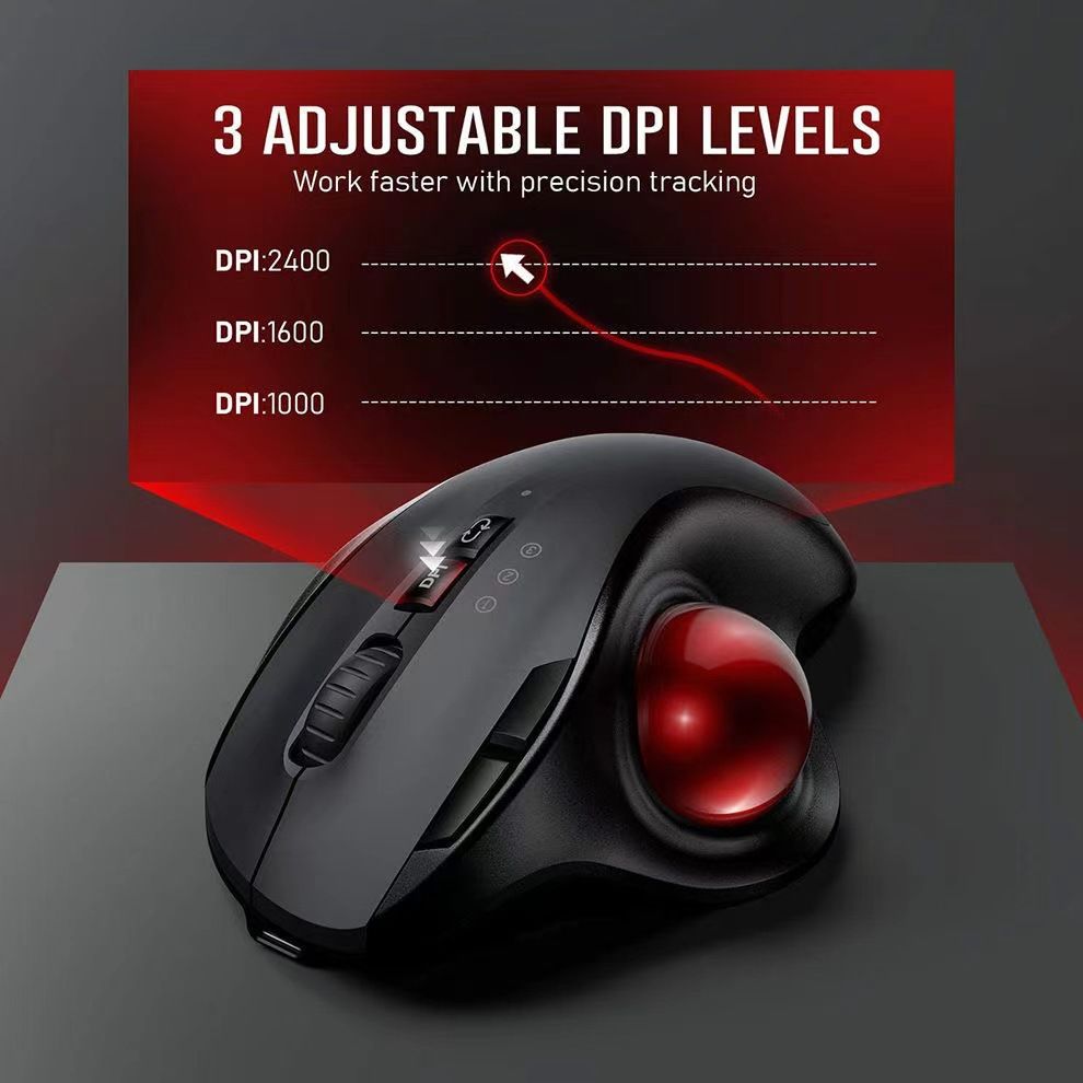 2.4G wireless Bluetooth dual-mode, Black red ergonomic trackball mouse, optical roller ball mouse, programmable mute button